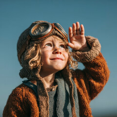 Child pilot costume looking up with hand shielding eyes under clear blue sky, wearing vintage aviator hat and goggles, curly hair and warm clothing, imaginative and hopeful expression