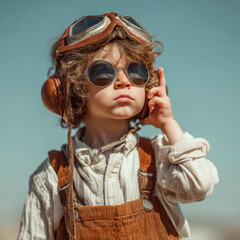 Child pilot costume vintage goggles sunglasses brown overalls curly hair confident expression clear sky