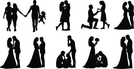 Romantic couple silhouettes, wedding love, engagement proposal, kissing moment, anniversary celebration, relationship romance, holding hands, bride groom, love story, dating life