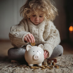 Curly haired child wearing cozy knitted sweater carefully puts coin into white ceramic piggy bank surrounded by scattered coins, expressing focus and saving habits