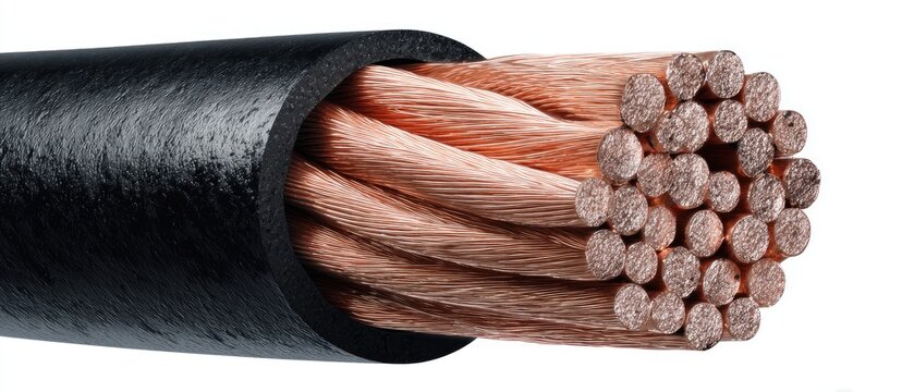 Close-up view of a black electrical cable with copper wires