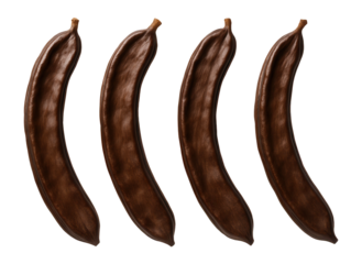 Whole carob pods with a long, brown, curved shape