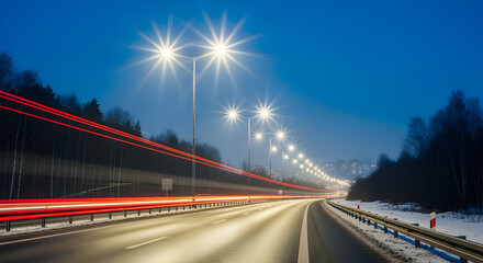 Fototapeta premium Highway with Bright Street Lights and Red Streaks in Winter Night