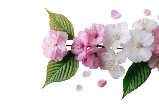 Pink and White Cherry Blossoms Branch with Falling Petals on Black Background