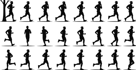 Running man silhouette, jogging male figure, athlete training, fitness exercise, sport activity, outdoor workout, health lifestyle, black vector illustration