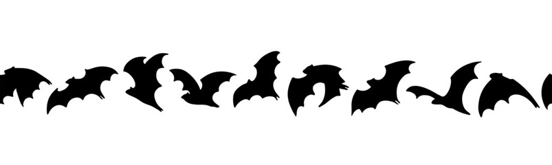 Seamless Halloween bat border on white background. Perfect for spooky headers, invitations, websites, and holiday designs featuring black flying vampire bats for horror night themes