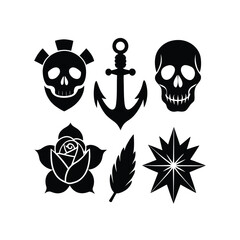 Collection of Six Bold Black Tattoo Flash Designs: Skulls, Anchor, Rose, Leaf, and Star.