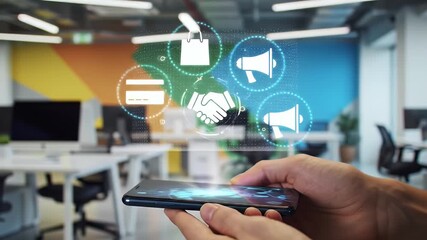 Person holding a smartphone displaying a digital interface with marketing and business icons, representing online commerce and digital advertising. - Powered by Adobe