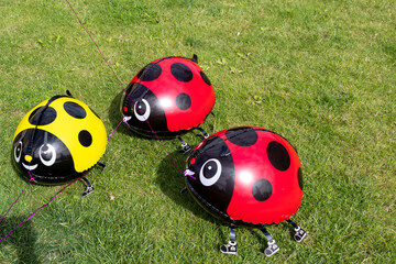 Three inflatable ladybug balloons on green grass.