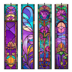 Set of four bookmarks, vertical panels with abstract vintage style ornaments in lilac tones