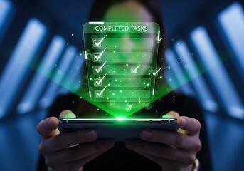 Woman holding phone with completed tasks list on futuristic interface