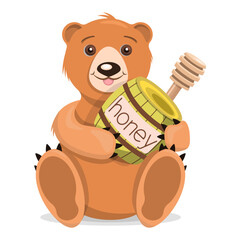 Cartoon bear with a barrel of honey, isolated on a white background.Vector illustration for labels of honey,baby textiles, paper.