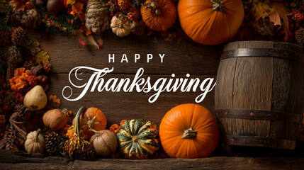 text " Happy Thanksgiving" fall background with pumpkins, gourds, old wooden barrel. Autumn leaves, wallpaper or poster design. Autumn poster, greeting card.