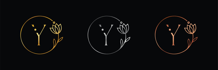 Minimalist Gold, Silver & Rose Gold Floral Letter Y Monogram. Elegant Vector for Wedding and Business Branding.