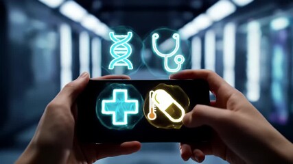 Hands holding a smartphone displaying health-related icons, symbolizing digital healthcare and medical technology. - Powered by Adobe