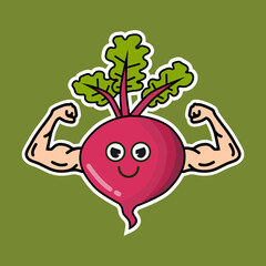 Funny cartoon illustration of a strong beetroot with flexing muscular arms, smiling face, and green leaves on top. Symbolizes health, energy, strength, bodybuilding, and fitness 