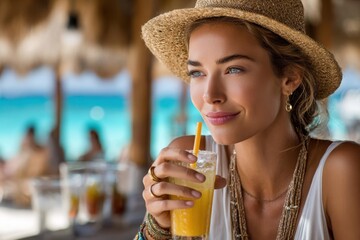 Young woman enjoying a refreshing drink while relaxing at a tropical beach bar