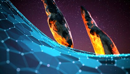 Fiery rocks emerge from a swirling, digital, hexagonal network against a starry night