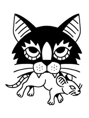 A hand drawn cat with a mouse in its mouth