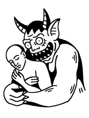 Demon embracing human in tattoo style illustration