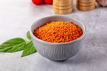 Raw dry red lentil in the bowl