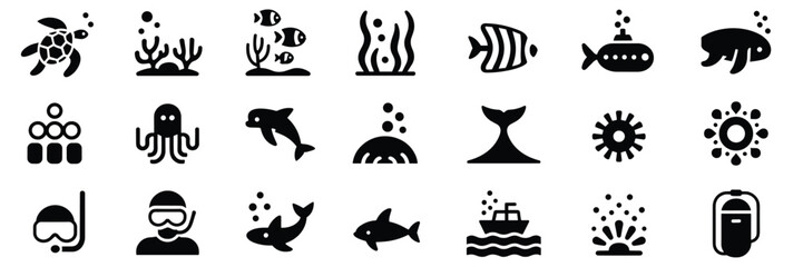 Fototapeta premium Underwater & Marine Life Icon Set – Black Silhouette Symbols for Ocean Creatures, Diving, and Sea Exploration