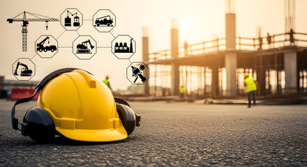 Yellow Safety Helmet on Asphalt at Construction Site with Icon Graphics Overlay