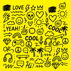 Hand-drawn sketch vector set with quirky faces, arrows, and playful scribbles. Perfect for stickers, apparel, and social media graphics.
