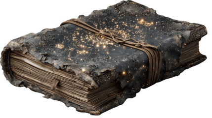 Tattered spell book with leather cover and glowing arcane symbols, isolated on transparent background for Halloween