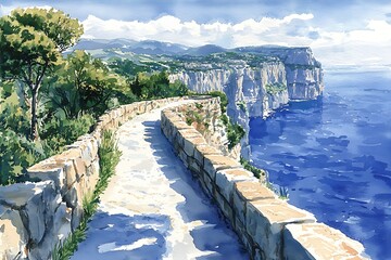 Fototapeta premium Scenic Coastal Path Overlooking the Azure Sea and Distant Mountains.