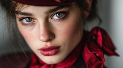 Intense gaze of a fair-skinned woman with freckles and red accessories