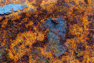 Rusty metal surface with shabby background paint. Blue cracked paint texture on an iron sheet. Fragment of an old metal door, Metal corrosion.