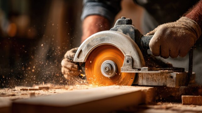 Close-up view of a circular saw cutting wood.