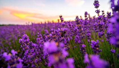 Bee on Lavender Field at Sunset