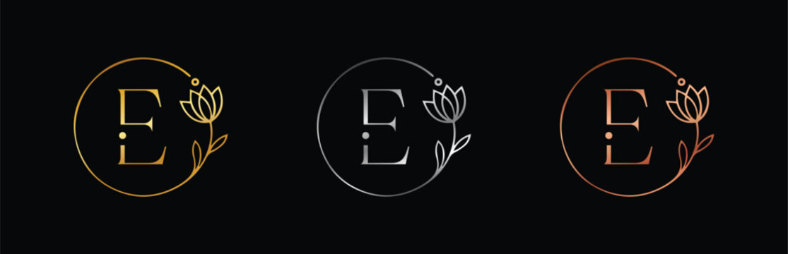 Elegant Gold, Silver & Rose Gold Letter E Logo. Hand-Drawn Floral Monogram for Wedding Invitations, and Personal Branding. - Powered by Adobe