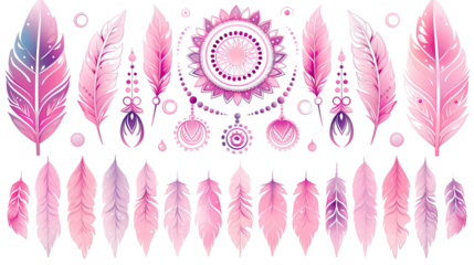 Set of pink rainbow feathers with boho style isolated on white background
