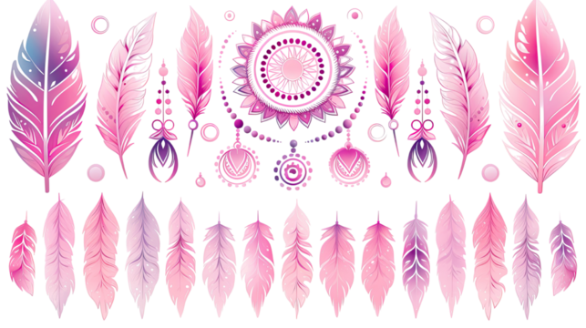 Set of pink rainbow feathers with boho style isolated on white background
