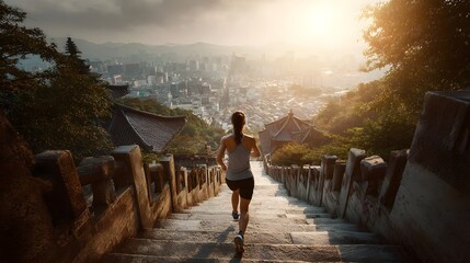 Fototapeta premium A fit woman runs up ancient stone stairs towards a scenic temple overlooking a sprawling city bathed in warm sunrise light