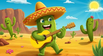 Obraz premium Cactus character playing guitar in desert landscape