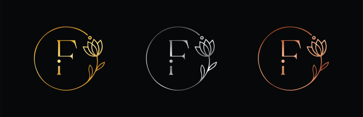 Feminine Gold, Silver & Rose Gold Floral Letter F Monogram. Minimalist Vector for Luxury Branding and Wedding Invites.