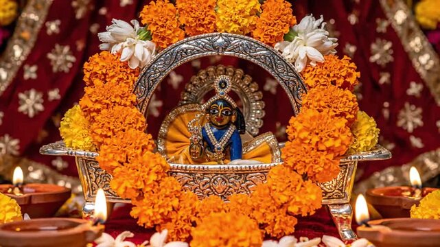 hindu god ladoo gopal devotion marigold flowers