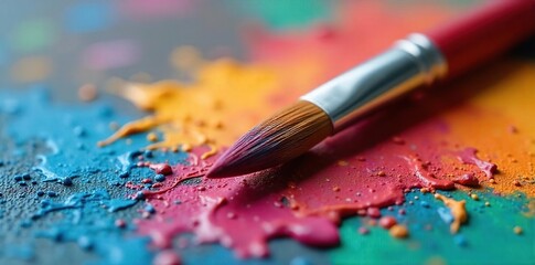 Obraz premium Close-up of a paintbrush resting on a painter's palette, bristles coated in vibrant oil paints Ready for the next stroke of artistic creation A colorful still life , close-up, studio, colorful