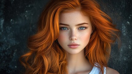 Fototapeta premium Young Woman with Long Wavy Red Hair and Freckles Against Dark Background 