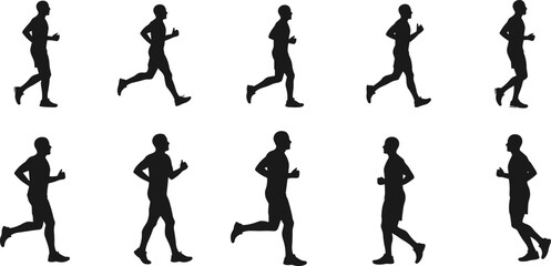 Silhouette of man running, jogging exercise, fitness training, marathon athlete, sports activity, health lifestyle, black outline, active movement, endurance