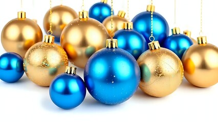 3D Render of Christmas Baubles, Shiny Blue and Gold Ornaments with Glitter