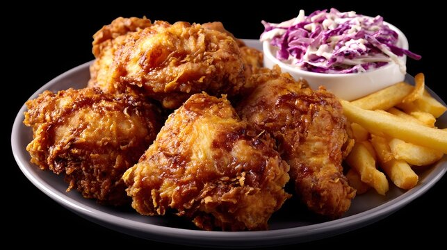 Crispy golden fried chicken meal with a side of crunchy french fries and vibrant red cabbage coleslaw served on a plate
