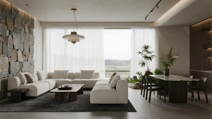 Fototapeta premium Modern Living Room with Stone Wall and Large Windows