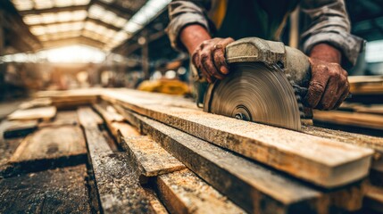 Close-up of a carpenter using a circular saw on wooden planks.