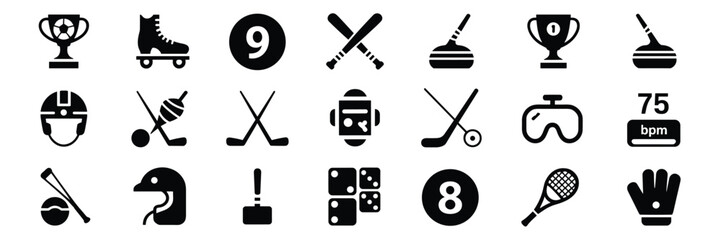 Sports & Recreation Icon Set – Black Silhouette Symbols for Athletics, Games, and Fitness Activities