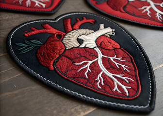 Embroidered anatomical heart patch with intricate details on a wooden surface